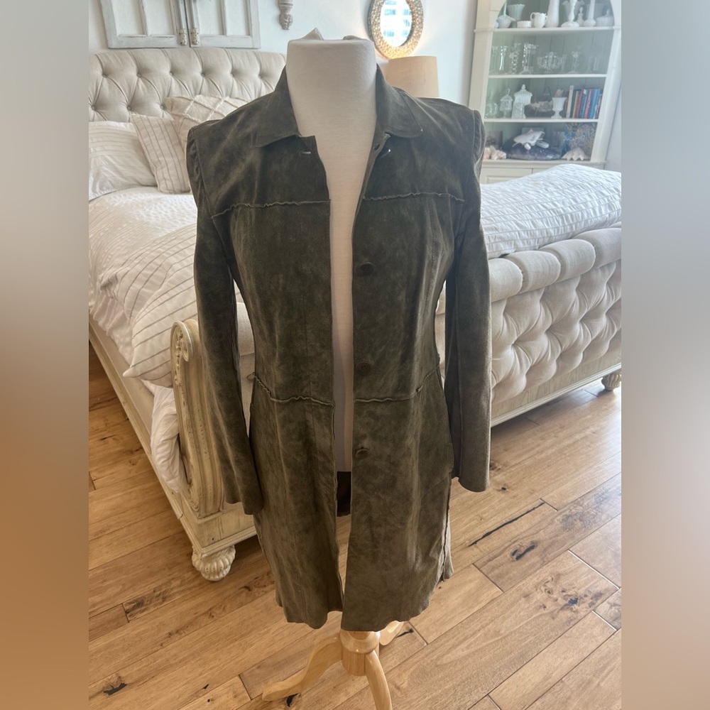Women’s Olive Suede Button-Front Leather Jacket
